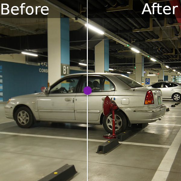A soft parking-garage photo on the left, and the same photo sharpened on the right.